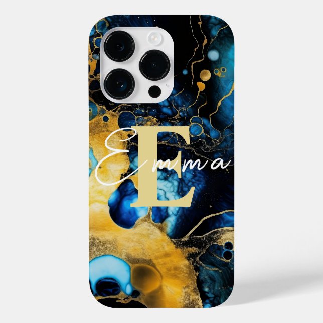 coque iPhone 14 Pro avec encre d'alcool bleu et or (Verso)