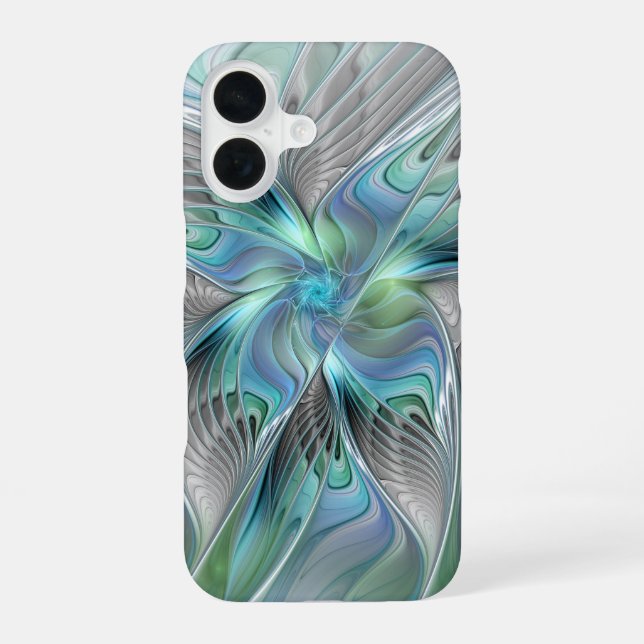 Coque iPhone 16 Abstrait Bleu Vert Papillon Imaginaire Fractal Art (Verso)