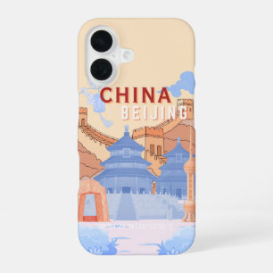 Coque iPhone 16 Affiche de voyage à Pékin Chine   Pastel Bleu & Pê
