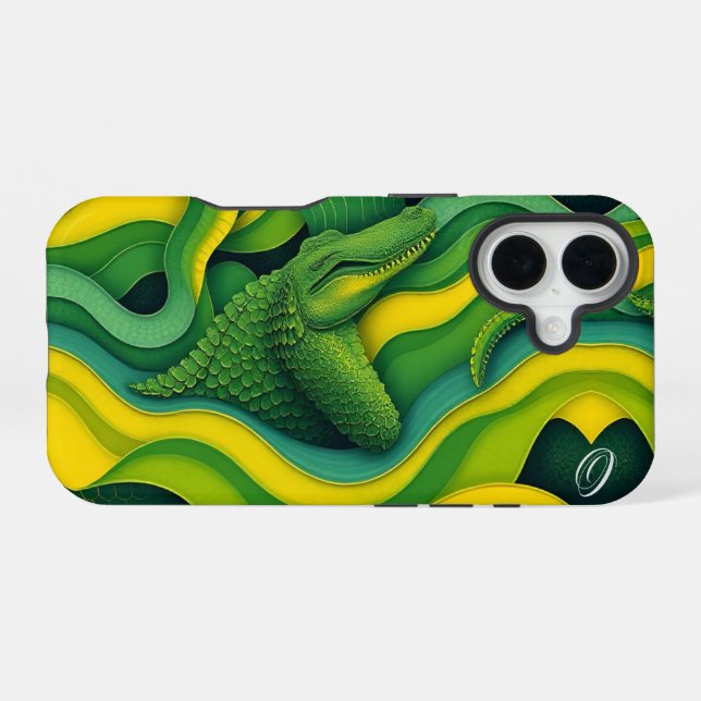 Coque iPhone 16 Alligator Crocodile Dragon Monogram Vert Jaune  (Verso Horizontal)