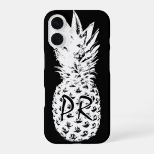 Coque iPhone 16 Ananas dessin noir et blanc monogramme personnalis