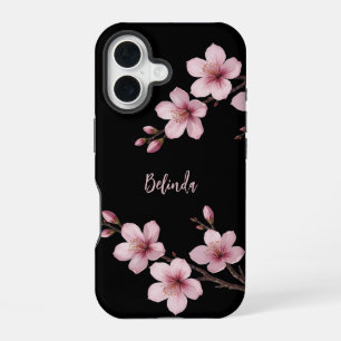 Coque iPhone 16 Aquarelle rose cerisier noir Monogramme en fleurs