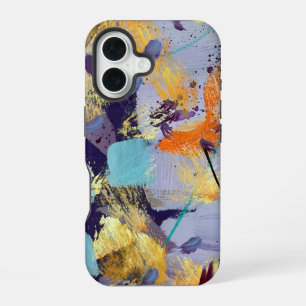 Coque iPhone 16 Art abstrait violet, or et bleu de luxe