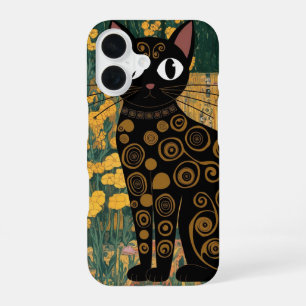 Coque iPhone 16 Art de chat noir dans le style de Gustav Klimt
