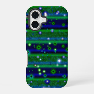 Coque iPhone 16 Bandes Vertes Bleues avec Étoiles et Gouttes de Pl
