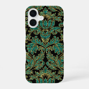 Coque iPhone 16 Black Blue Green & Gold Vintage Floral Damas