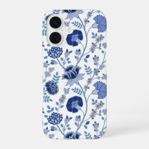 Coque iPhone 16 Bleu à motif floral jacobéen sur fond blanc