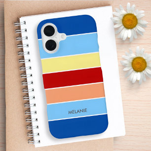Coque iPhone 16 Bleu Brown et rayures jaunes Monogramme Téléphone