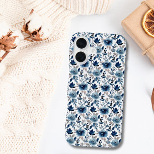 Coque iPhone 16 Bleu Floral Tendance Aquarelle Beige