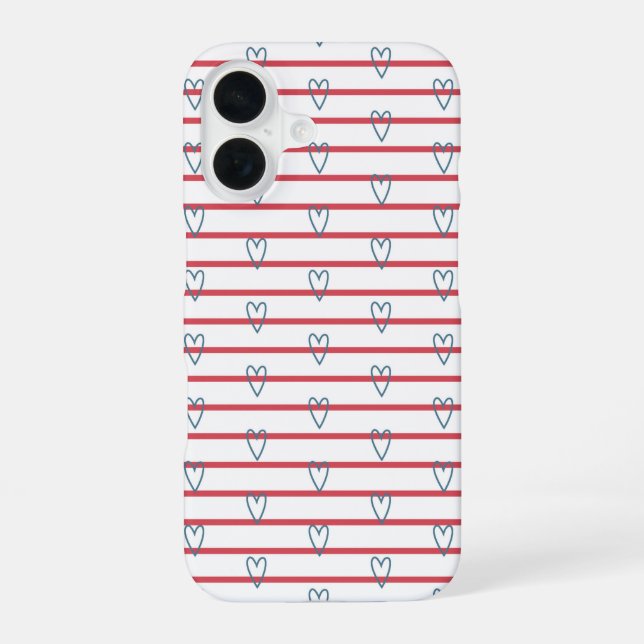 Coque iPhone 16 Bleu Rouge Coeur Nautique Coeur Stripes Chic (Verso)
