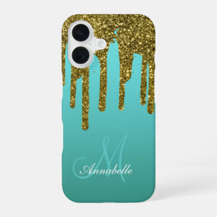 Coque iPhone 16 Bleu sarcelle vert - Gouttes de paillettes dorées 