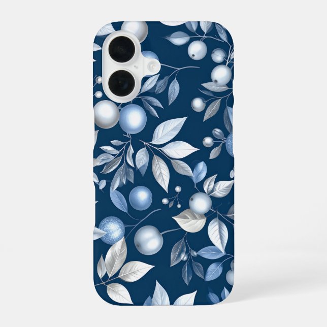 Coque iPhone 16 Blue Leaf Berry Pattern (Verso)
