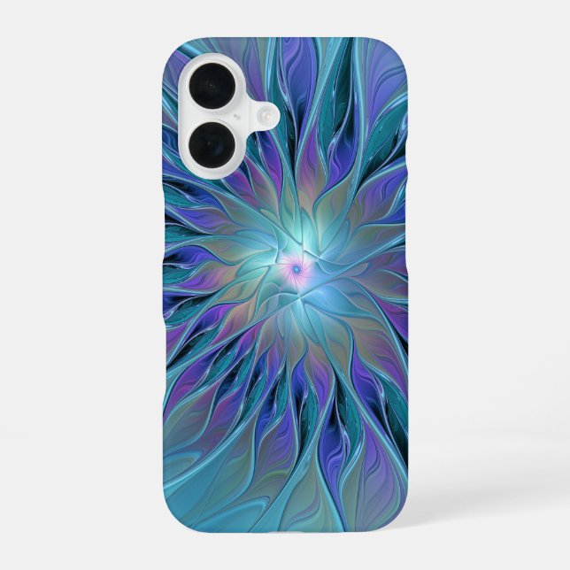 Coque iPhone 16 Blue Purple Flower Dream Abstrait Fractal Art (Verso)