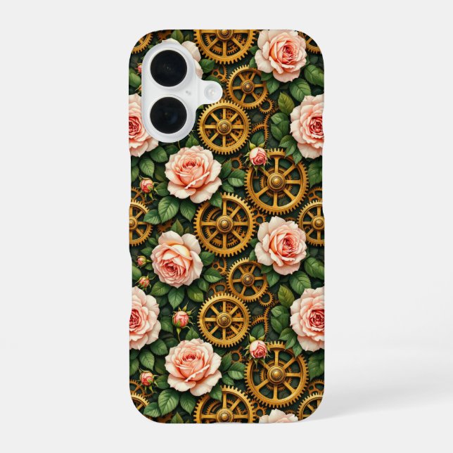 Coque iPhone 16 Brass Gears and Roses (Verso)