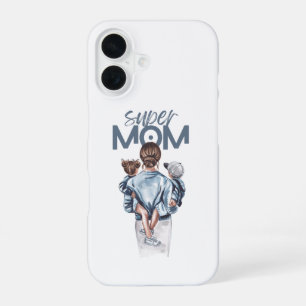 Coque iPhone 16 Cadeau personnalisé de Super Maman avec fils et fi