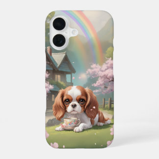 Coque iPhone 16 Cavalier King Charles Cerry Blossoms avec arc-en-c