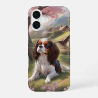 Coque iPhone 16 Cavalier King Charles Tricolor Cerry Blossoms