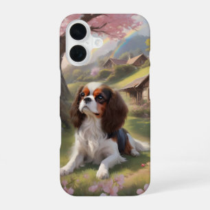 Coque iPhone 16 Cavalier King Charles tricolore Cerisiers en fleur