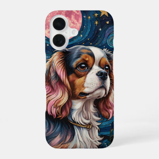 Coque iPhone 16 Cavalier King Charles Vitrail Étoiles Lune
