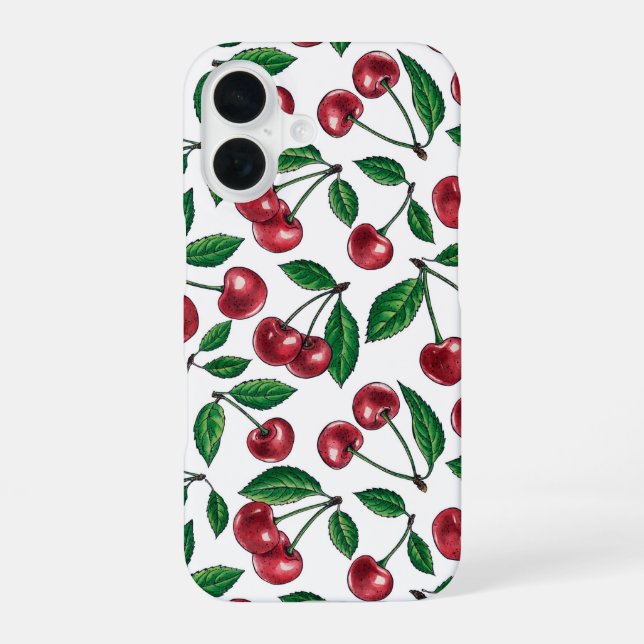 Coque iPhone 16 Cerises rouges sur fond blanc (Verso)