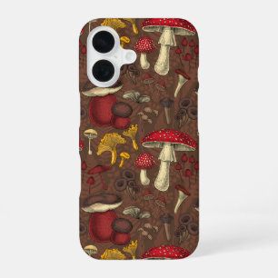 Coque iPhone 16 Champignons sauvages sur fond marron