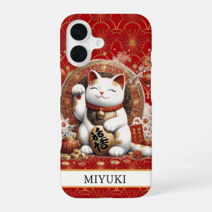Coque iPhone 16 Chat de la Chance avec Pièces d'Or Monogrammées