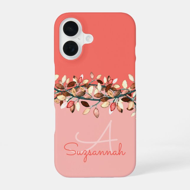Coque iPhone 16 Chic Coral Ombre Personnalisé Monogrammes Branches (Verso)