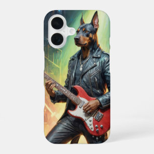 Coque iPhone 16 Chien Doberman jouant de la guitare sur une scène