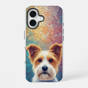 Coque iPhone 16 Chien Mosaïque Coloré Fluffy ✨ Blanc Animal de Com