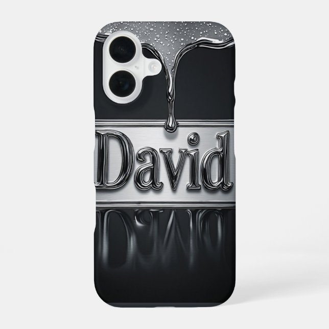 Coque iPhone 16 💧 Chrome Liquide « David » Métallic Flow Nom Luxe (Verso)