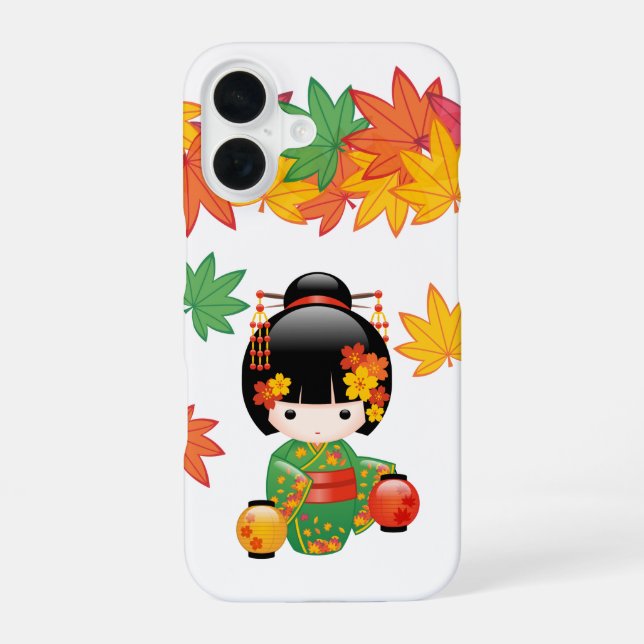 Coque iPhone 16 Chute Poupée Kokeshi - Green Kimono Geisha Girl (Verso)