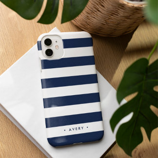 Coque iPhone 16 Classic Navy & White Stripe Personnalisé