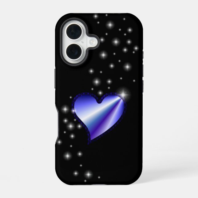 Coque iPhone 16 Coeur arc-en-ciel violet avec étoiles sur noir (Verso)