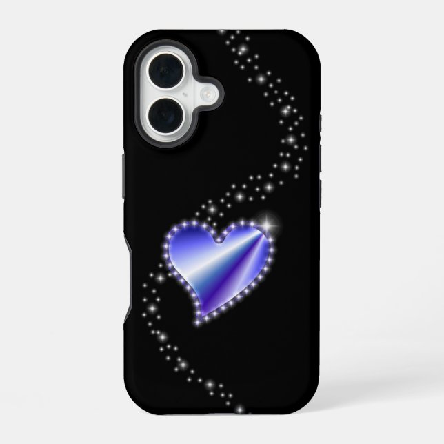 Coque iPhone 16 Coeur arc-en-ciel violet avec étoiles sur noir (Verso)