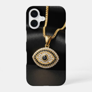 Coque iPhone 16 Collier Œil d'Horreur en Or sur Tissu de Soie Noir