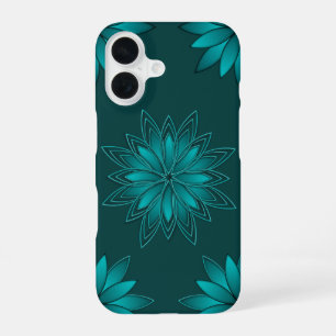 Coque iPhone 16 Conception de mandala à feuilles sarcelles sur fon