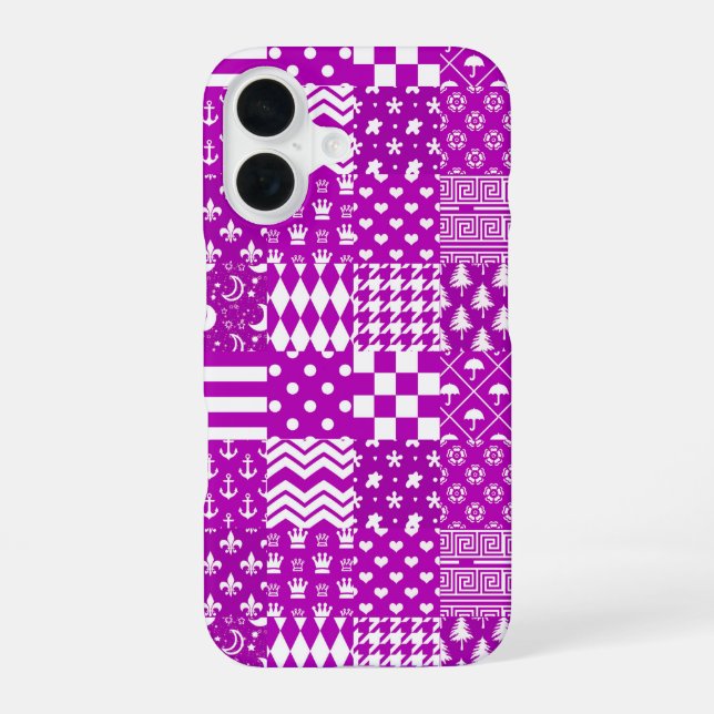Coque iPhone 16 Conception de Patchwork Motifs mélangés violet bla (Verso)