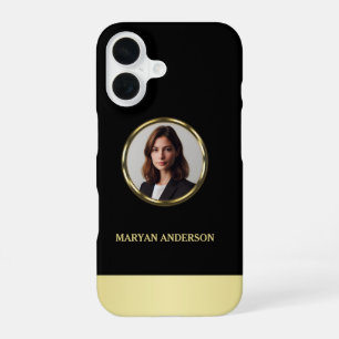 Coque iPhone 16 Conception noir et or, logo ou photo dans un cercl