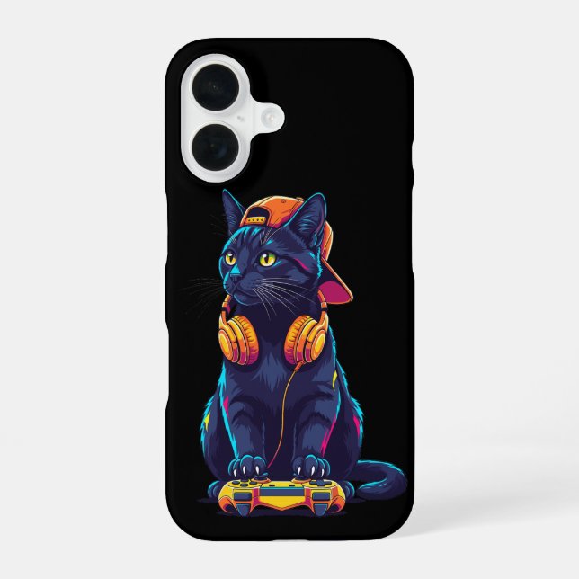 Coque iPhone 16 Cool Black Cat Gamer Halloween Design Éffrayant (Verso)