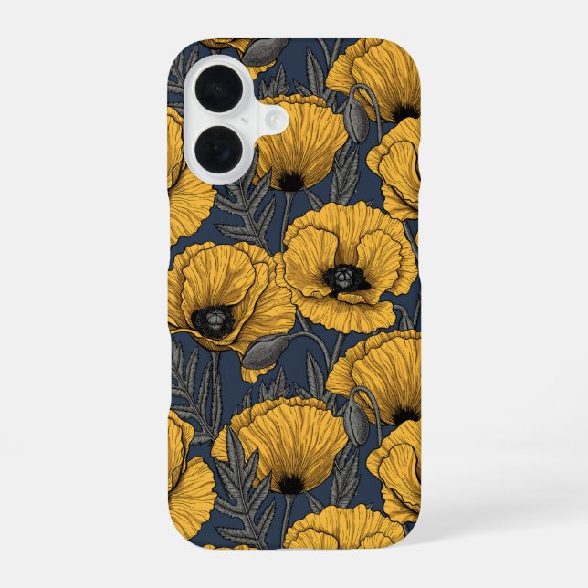 Coque iPhone 16 Coquelicots jaunes sur fond bleu marine (Verso)