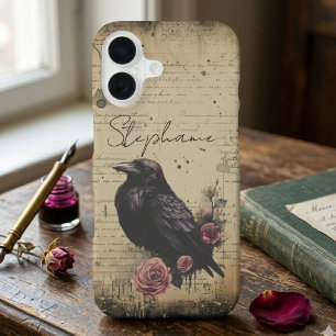 Coque iPhone 16 Corbeau gothique et écriture florale vintage