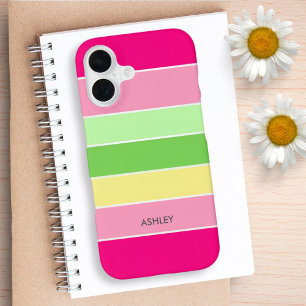 Coque iPhone 16 Couleur rose Vert Blocs Blocs Rayures Monogramme T