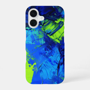 Coque iPhone 16 Coups de pinceau bleu électrique et vert _ étui ip