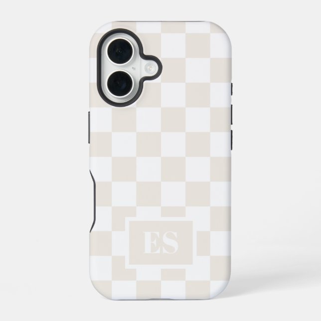 Coque iPhone 16 Crème de monogramme et Motif À damiers blanc (Verso)