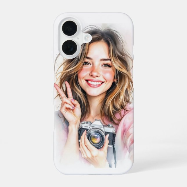 Coque iPhone 16 Cute girl with camera phone case (Verso)