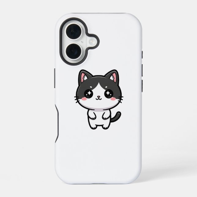 Coque iPhone 16 Cute Kawaii Tuxedo Cat Standing Character (Verso)