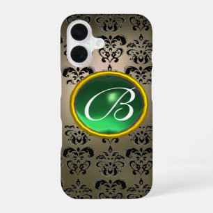 Coque iPhone 16 DAMASK GEM MONOGRAM gris vert noir