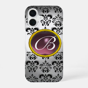 Coque iPhone 16 DAMASK GEM MONOGRAS blanc noir violet