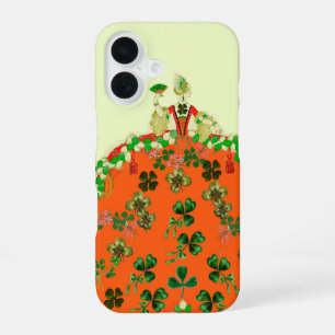 Coque iPhone 16 DAME ORANGE ET TRÈFLES Mode de la Saint-Patrick