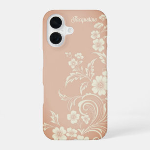 Coque iPhone 16 Délicate Pêche & Fleurs Blanches